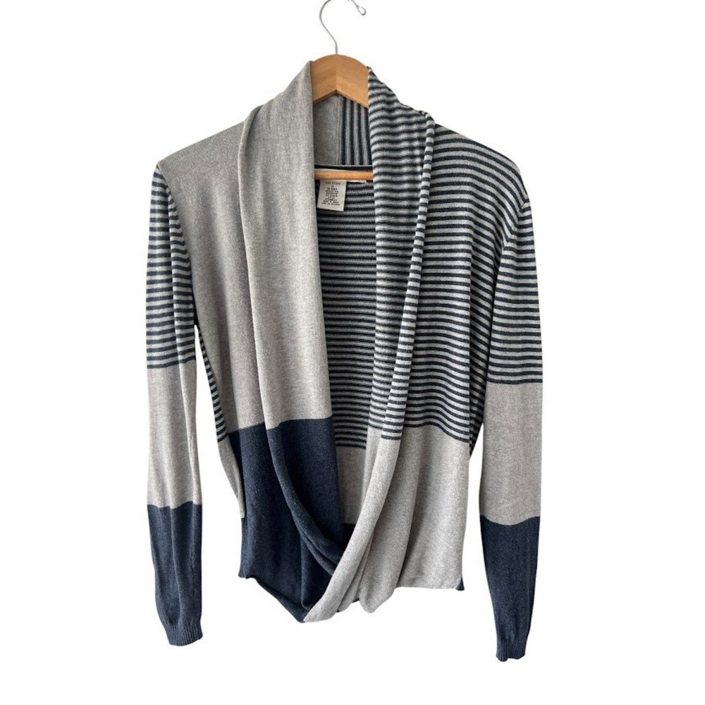 Max Studio Striped Colorblock Draped Wrap Sweater Grey Navy Blue Medium